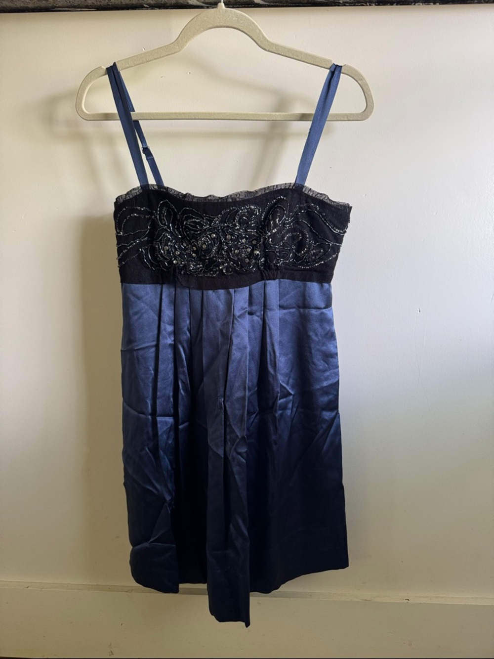 BCBGMaxAzria Black and Blue Beaded Spaghetti-Strap Mini Dress